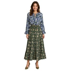 Senlis Floral Midi Dress‎ Women M Green Blue Cotton Boho Cottagecore Romantic